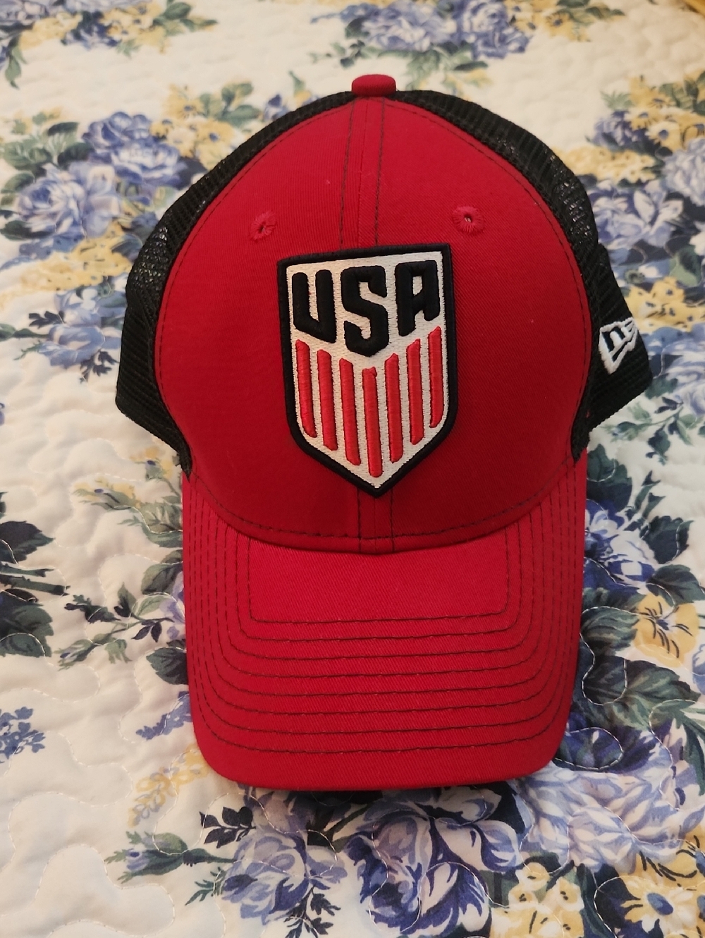New Era Red and Black USA Shield Trucker Hat